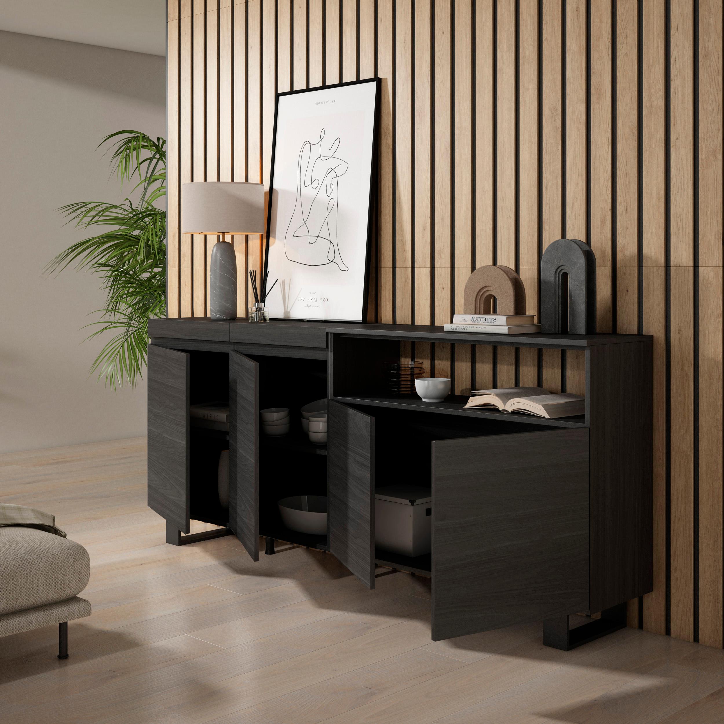Credenza, Mobile, 200x35x87cm, 4 Porte, Design industriale, Nero RF2388