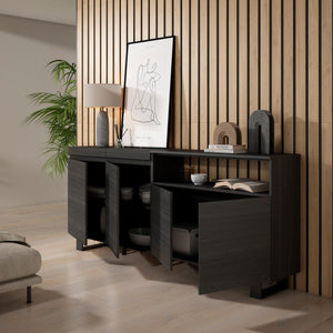 Credenza, Mobile, 200x35x87cm, 4 Porte, Design industriale, Nero RF2388