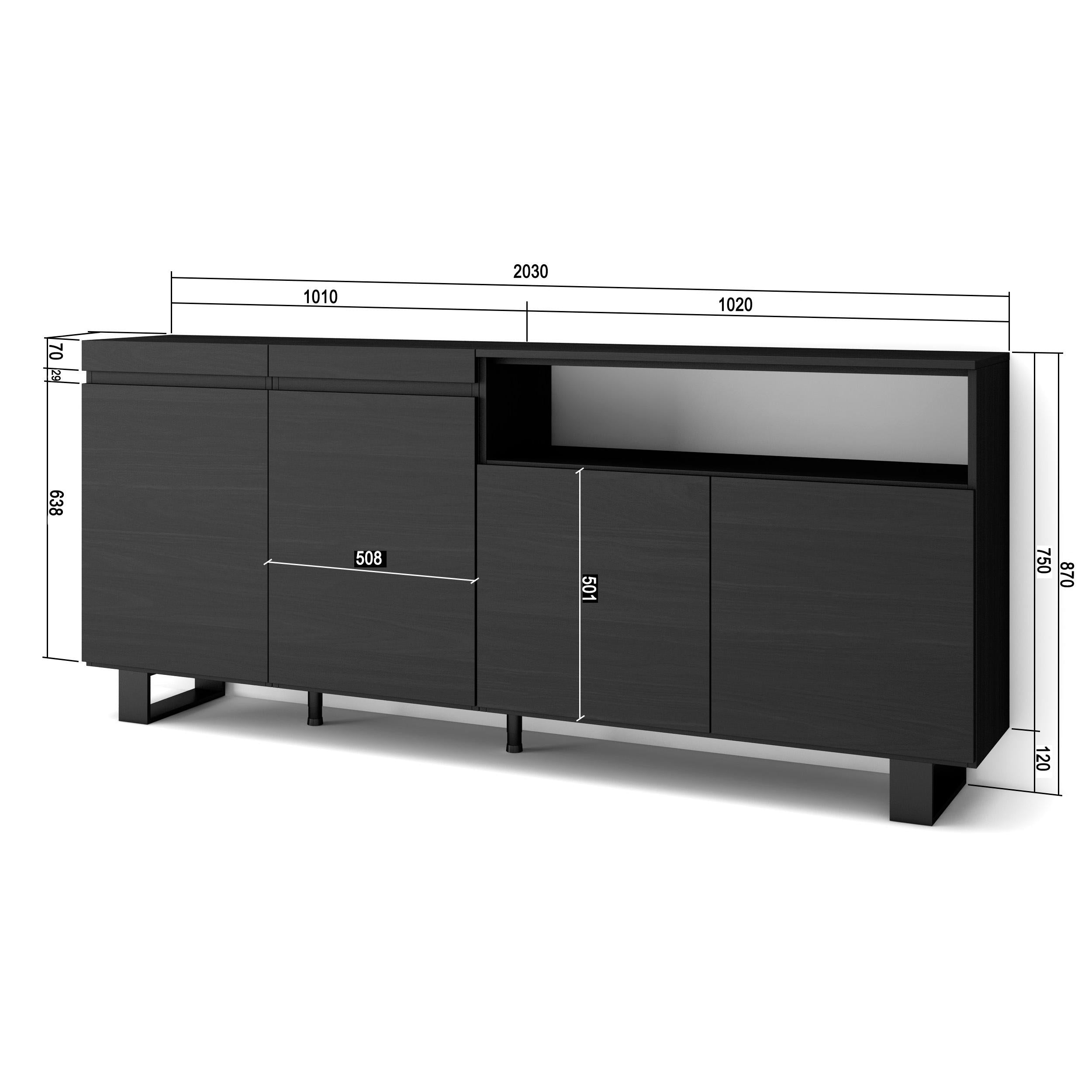 Credenza, Mobile, 200x35x87cm, 4 Porte, Design industriale, Nero RF2388