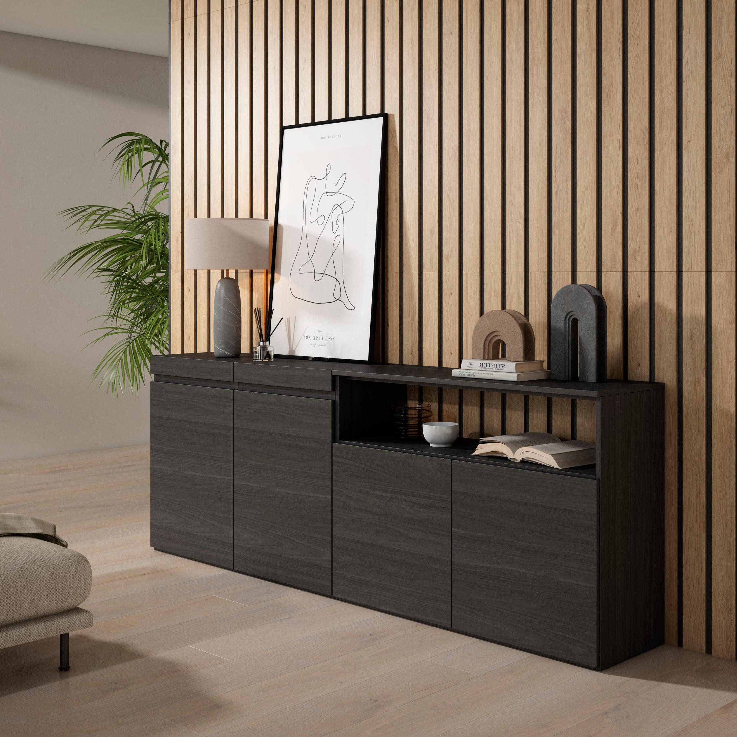 Credenza, Mobile, 200x35x75cm, 4 Porte, grande stoccaggio, Nero RF2387