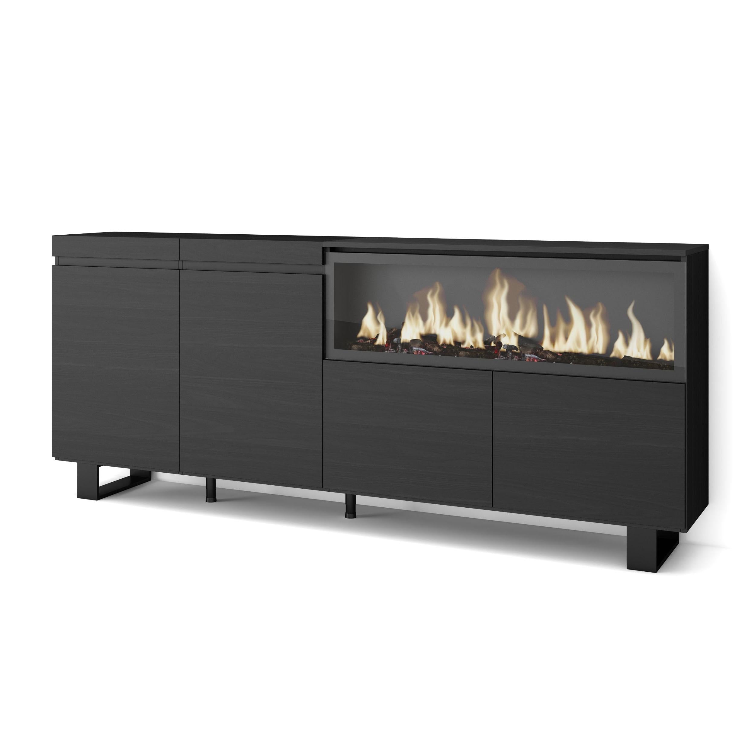 Credenza, Mobile, 208x35x87cm, 4 Porte, Camino elettrico XXL, Design industriale, Nero RF3218