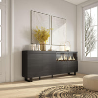 Credenza, Mobile, 208x35x87cm, 4 Porte, Camino elettrico XXL, Design industriale, Nero RF3218