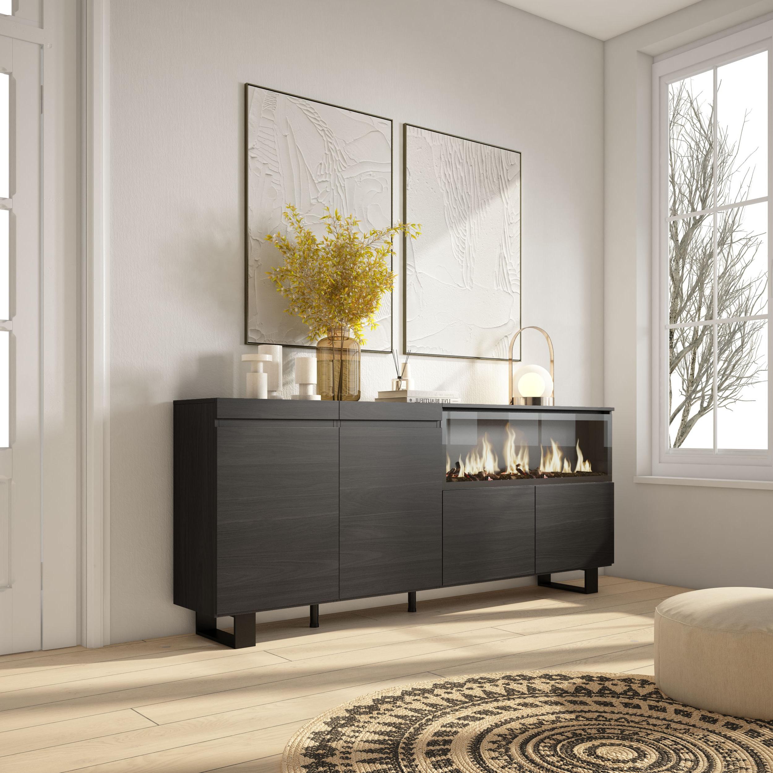 Credenza, Mobile, 208x35x87cm, 4 Porte, Camino elettrico XXL, Design industriale, Nero RF3218