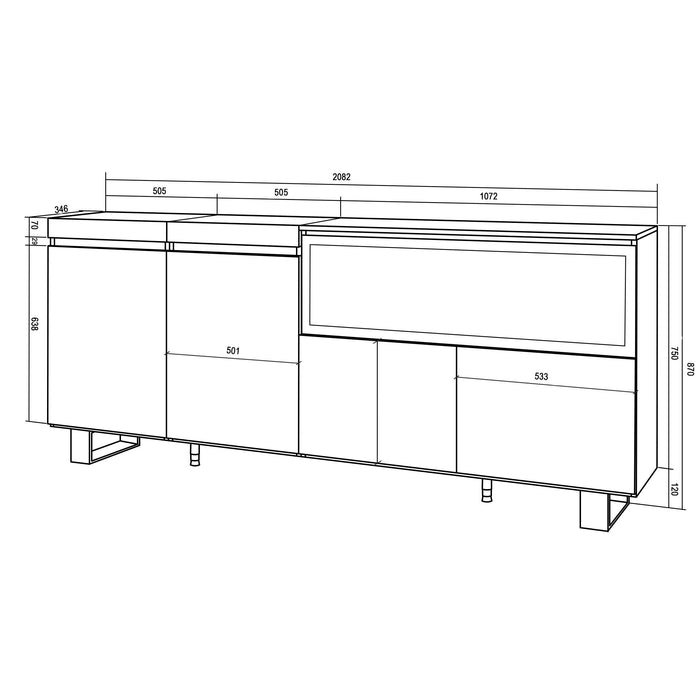 Credenza, Mobile, 208x35x87cm, 4 Porte, Camino elettrico XXL, Design industriale, Nero RF3218