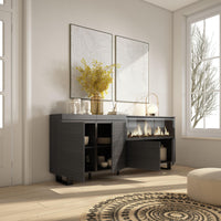 Credenza, Mobile, 208x35x87cm, 4 Porte, Camino elettrico XXL, Design industriale, Nero RF3218