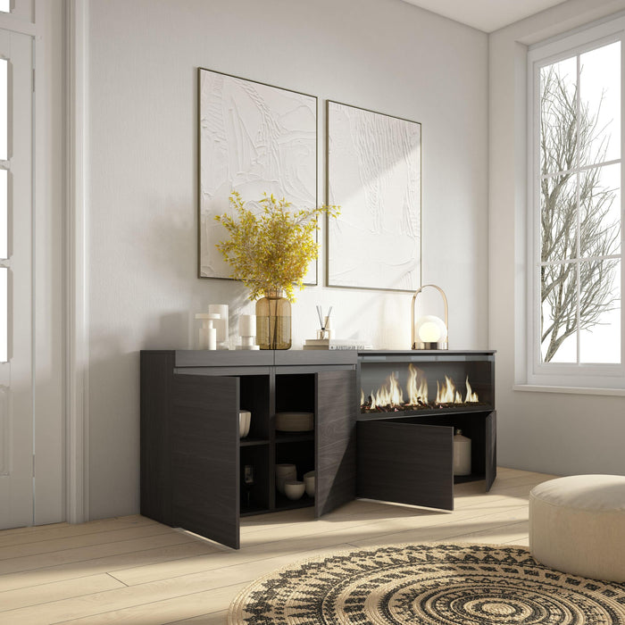Credenza, Mobile, 208x35x75cm, 4 Porte, Camino elettrico XXL, Nero RF3215
