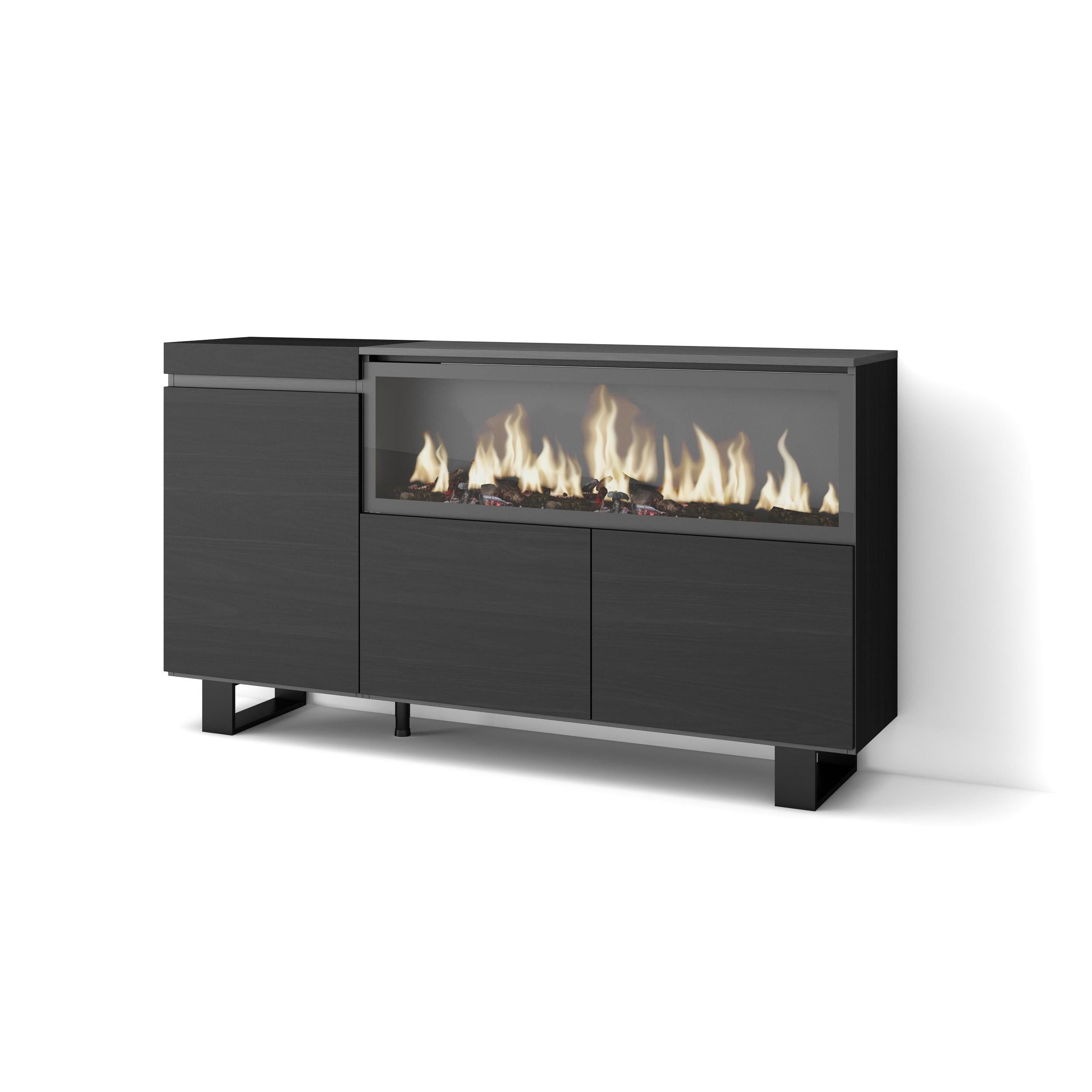 Credenza, Mobile, 158x35x87cm, 3 Porte, Camino elettrico XXL, Design industriale, Nero RF3285