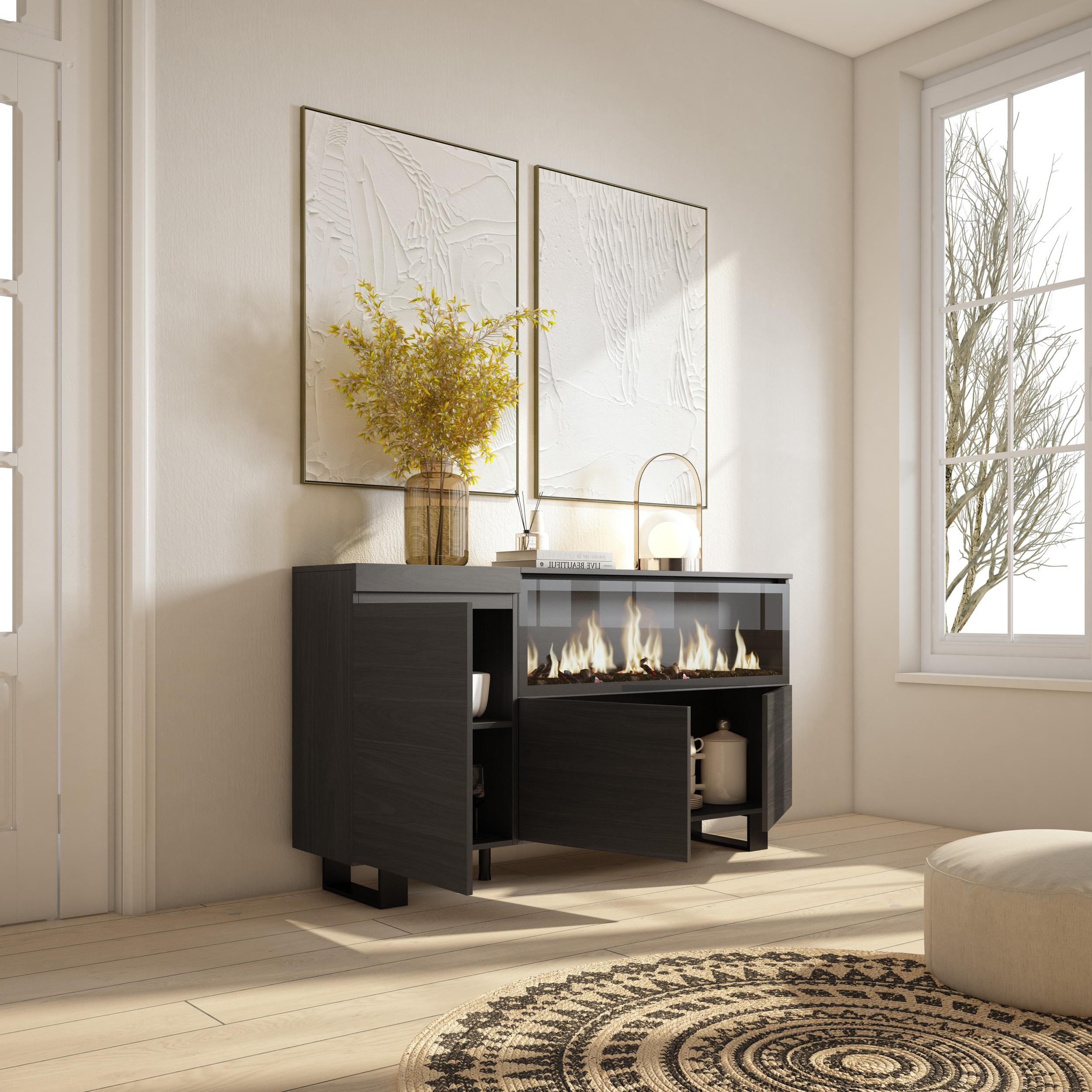 Credenza, Mobile, 158x35x87cm, 3 Porte, Camino elettrico XXL, Design industriale, Nero RF3285