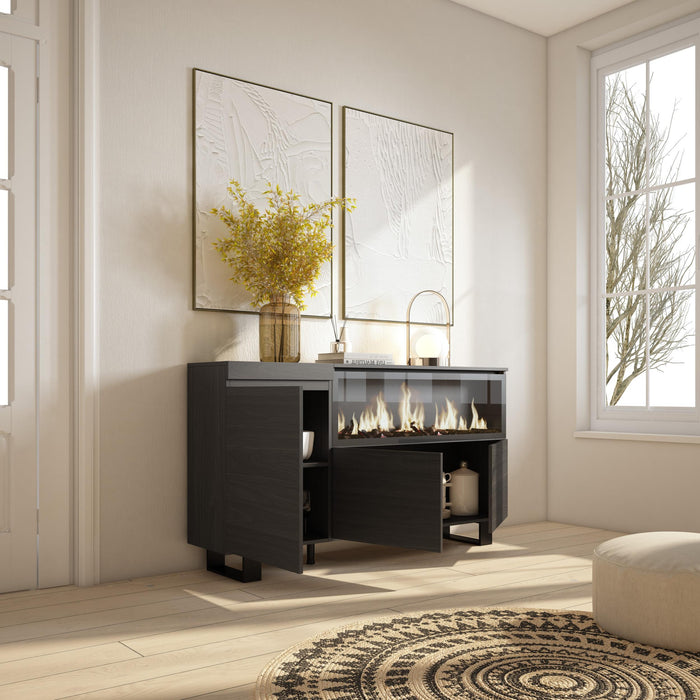 Credenza, Mobile, 158x35x87cm, 3 Porte, Camino elettrico XXL, Design industriale, Nero RF3285