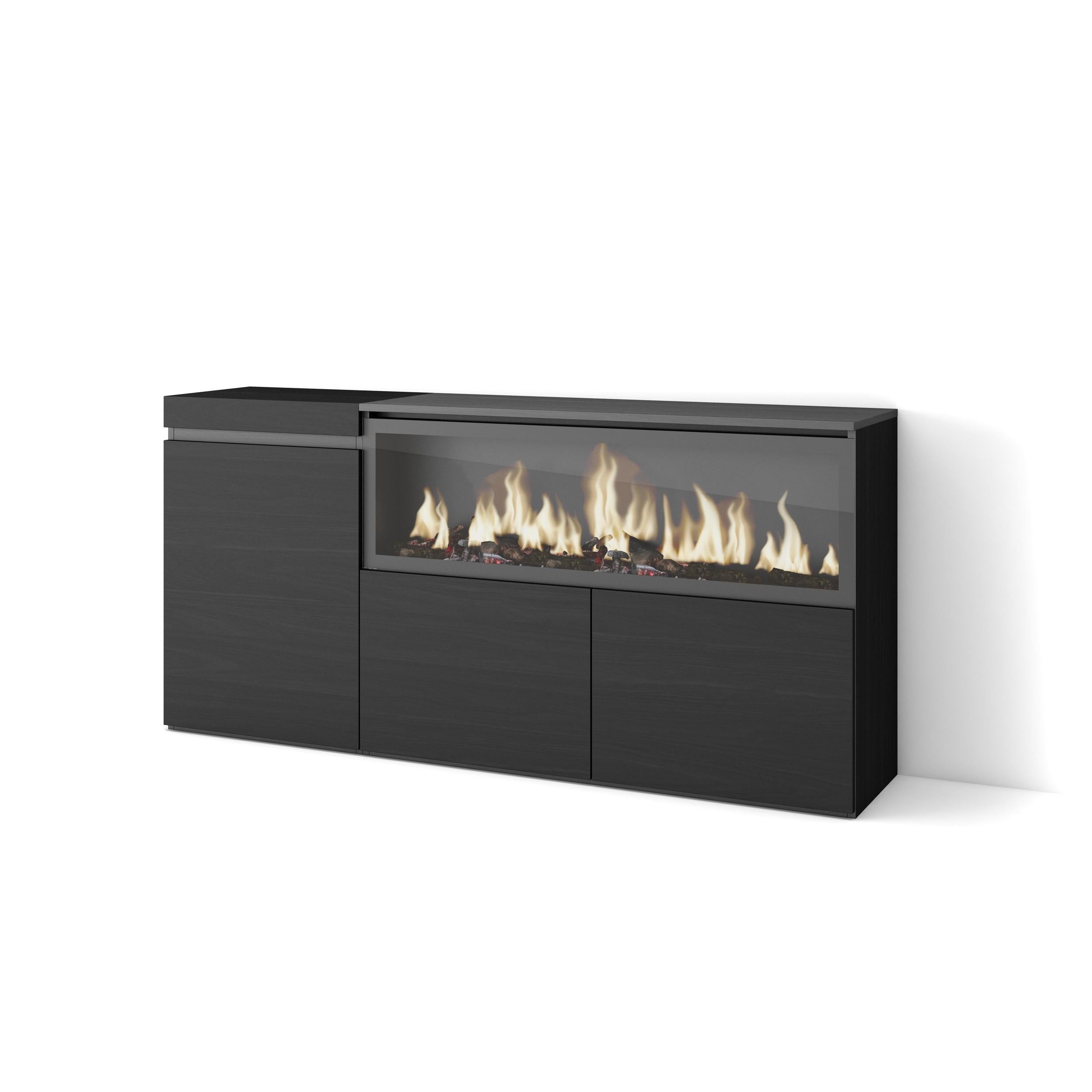 Credenza, Mobile, 158x35x75cm, 3 Porte, Camino elettrico XXL, Nero RF3283