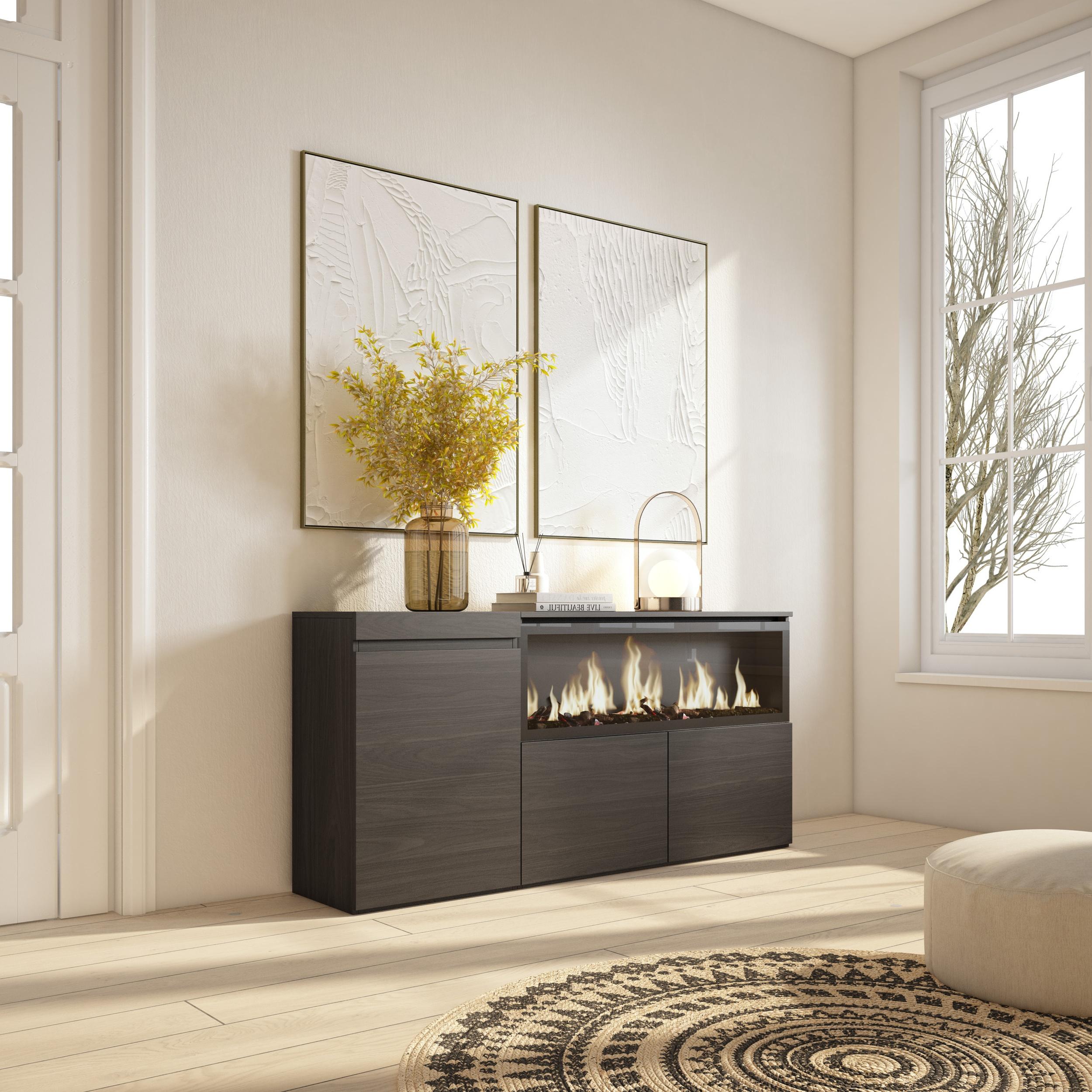 Credenza, Mobile, 158x35x75cm, 3 Porte, Camino elettrico XXL, Nero RF3283