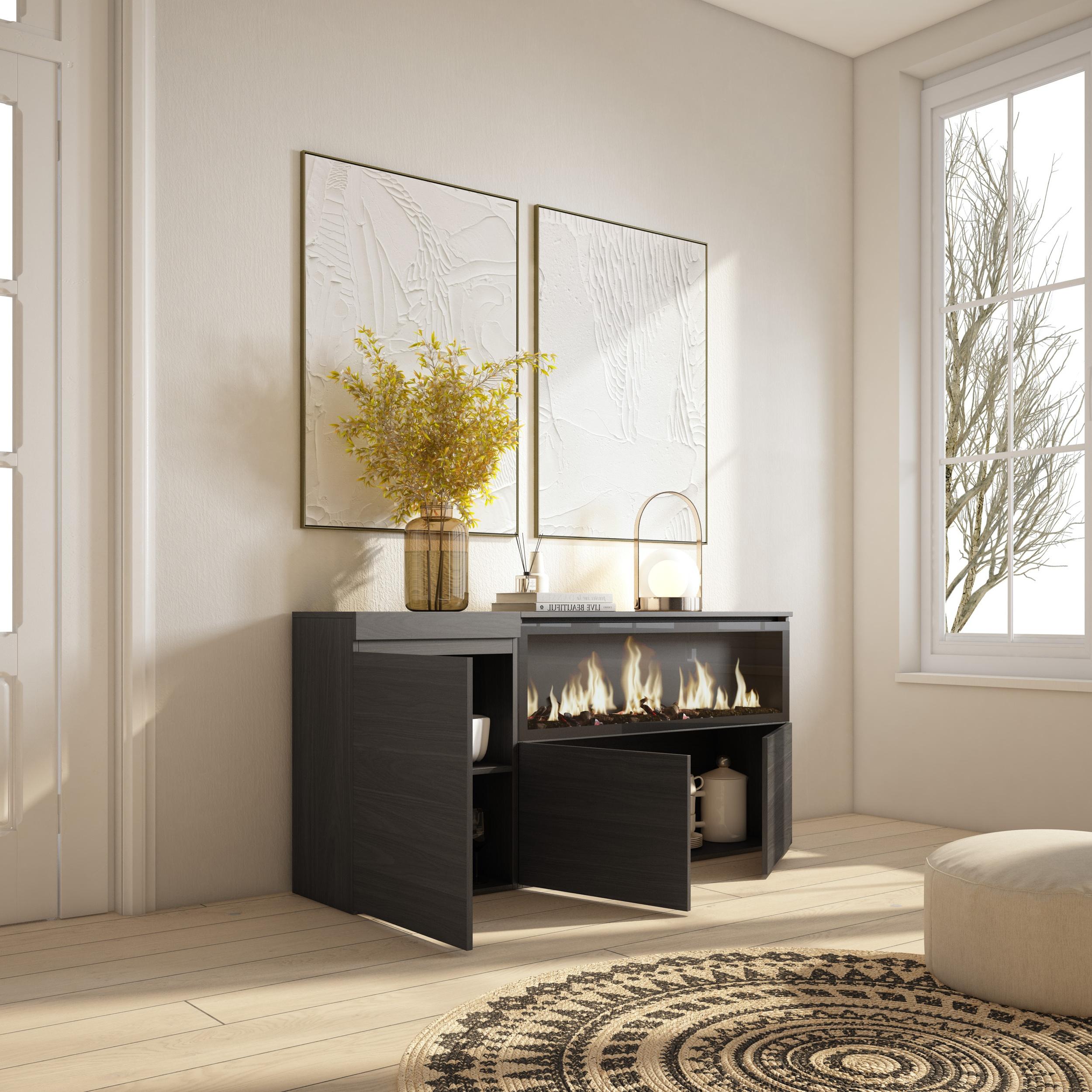 Credenza, Mobile, 158x35x75cm, 3 Porte, Camino elettrico XXL, Nero RF3283