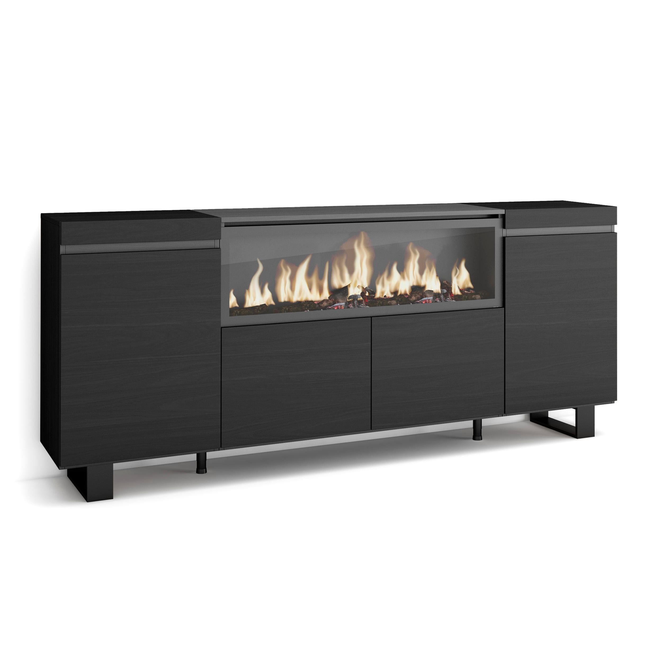 Credenza, Mobile, 208x35x87cm, 4 Porte, Camino elettrico XXL, Design industriale, Nero RF3216