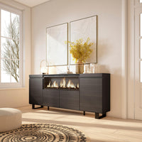 Credenza, Mobile, 208x35x87cm, 4 Porte, Camino elettrico XXL, Design industriale, Nero RF3216