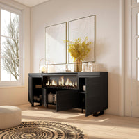 Credenza, Mobile, 208x35x87cm, 4 Porte, Camino elettrico XXL, Design industriale, Nero RF3216