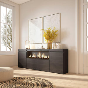 Credenza, Mobile, 208x35x75cm, 4 Porte, Camino elettrico XXL, Nero RF3213