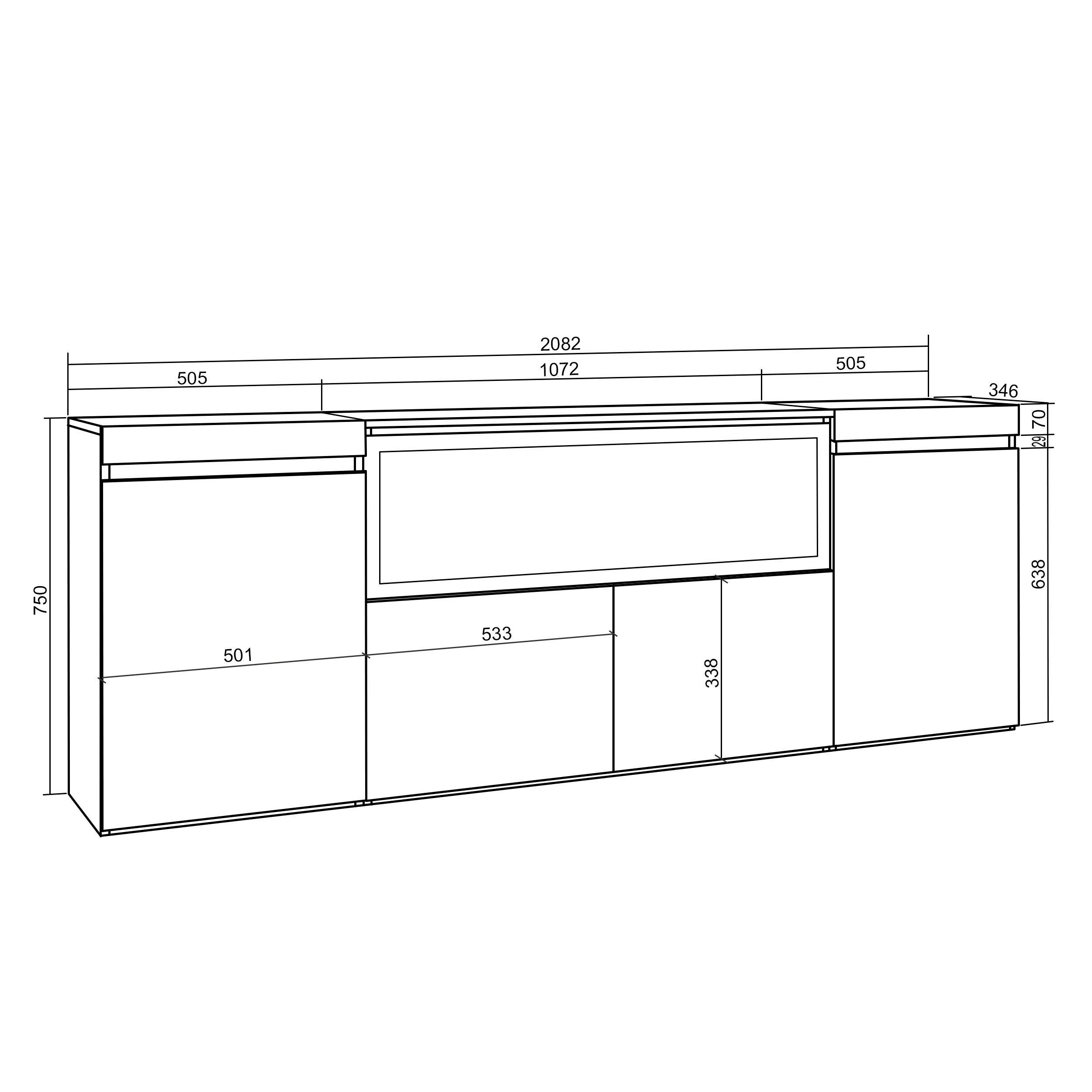 Credenza, Mobile, 208x35x75cm, 4 Porte, Camino elettrico XXL, Nero RF3213