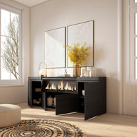 Credenza, Mobile, 208x35x75cm, 4 Porte, Camino elettrico XXL, Nero RF3213