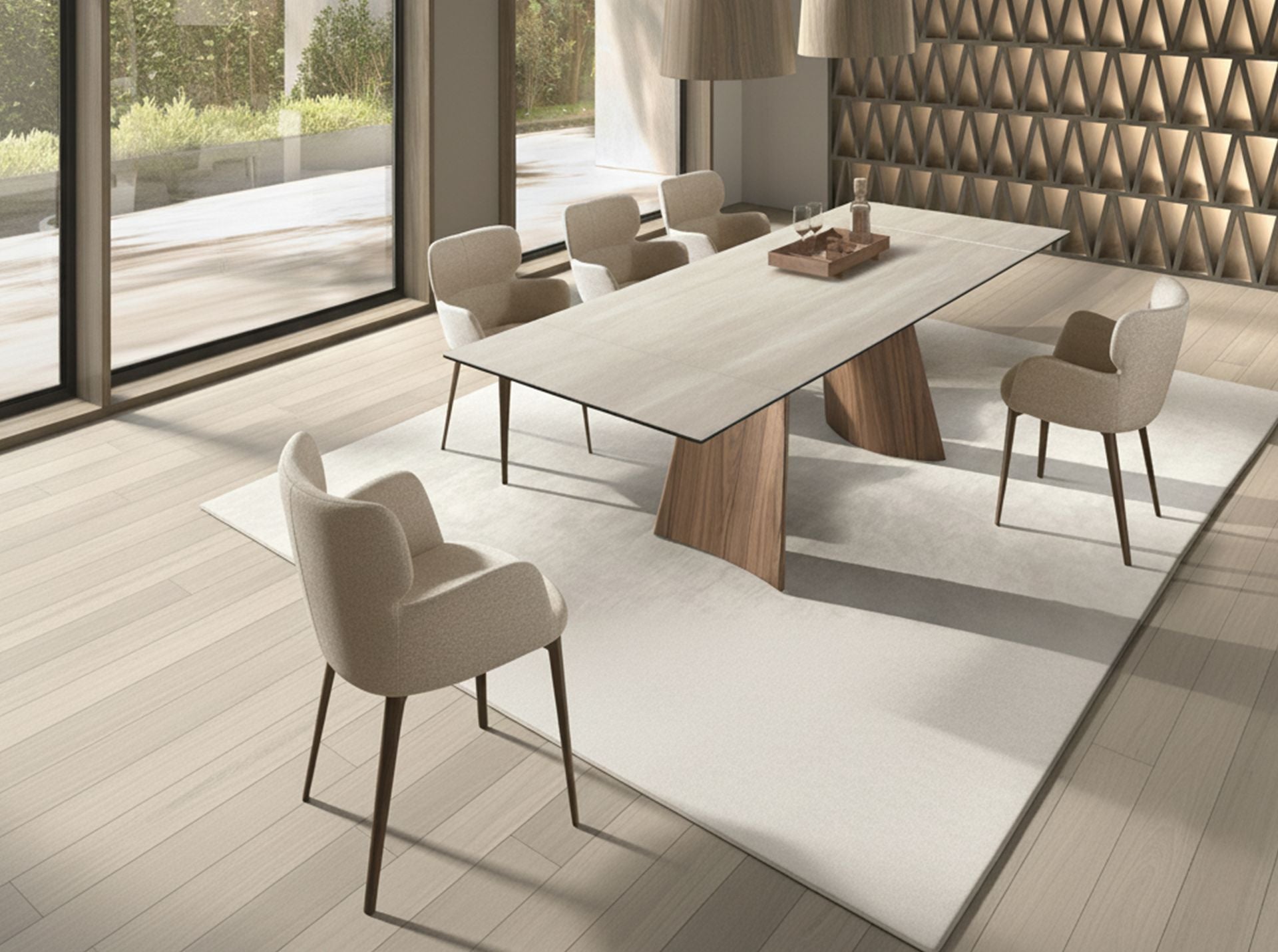 Tavolo da pranzo rettangolare allungabile in marmo porcellanato e acciaio effetto noce