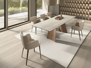 Tavolo da pranzo rettangolare allungabile in marmo porcellanato e acciaio effetto noce