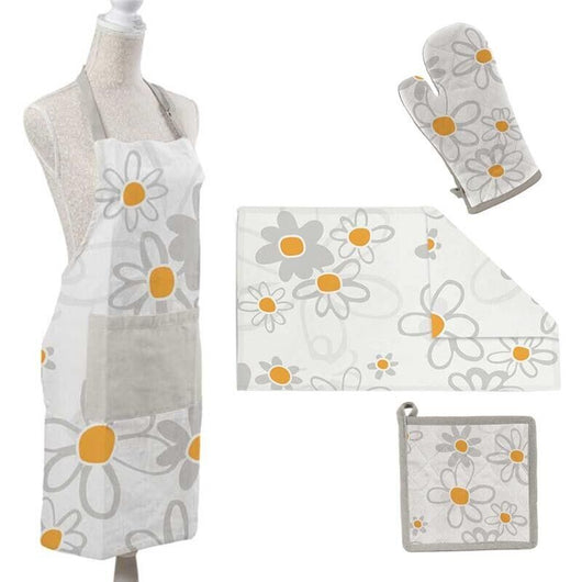 SET DAISY DA CUCINA IN TESSUTO CON STROFINACCIO, PRESINA, GUANTO E GREMBIULE