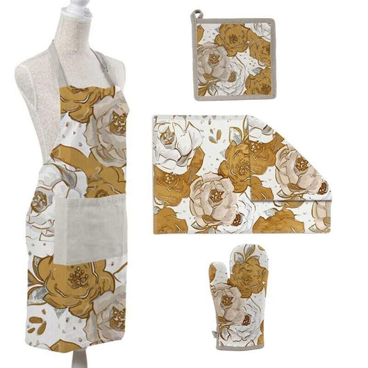 SET ROSE DA CUCINA IN TESSUTO CON STROFINACCIO, PRESINA, GUANTO E GREMBIULE