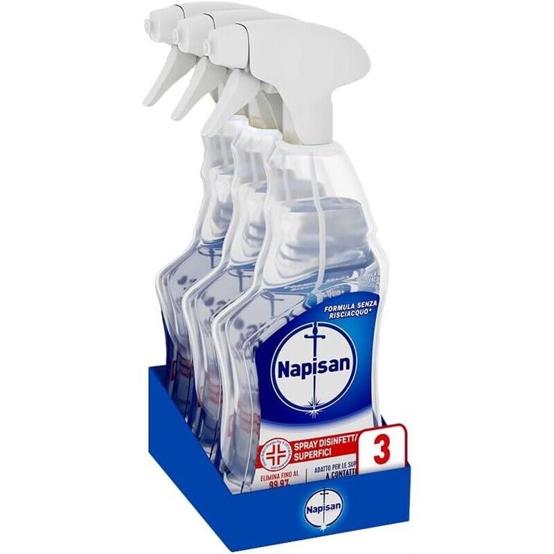 NAPISAN SPRAY 3 PZ DISINFETTANTE CLASSICO SUPERFICI ELIMINA 99,9% BATTERI PER SUPERFICI A CONTATTO CON ALIMENTI 740 ML L'UNO