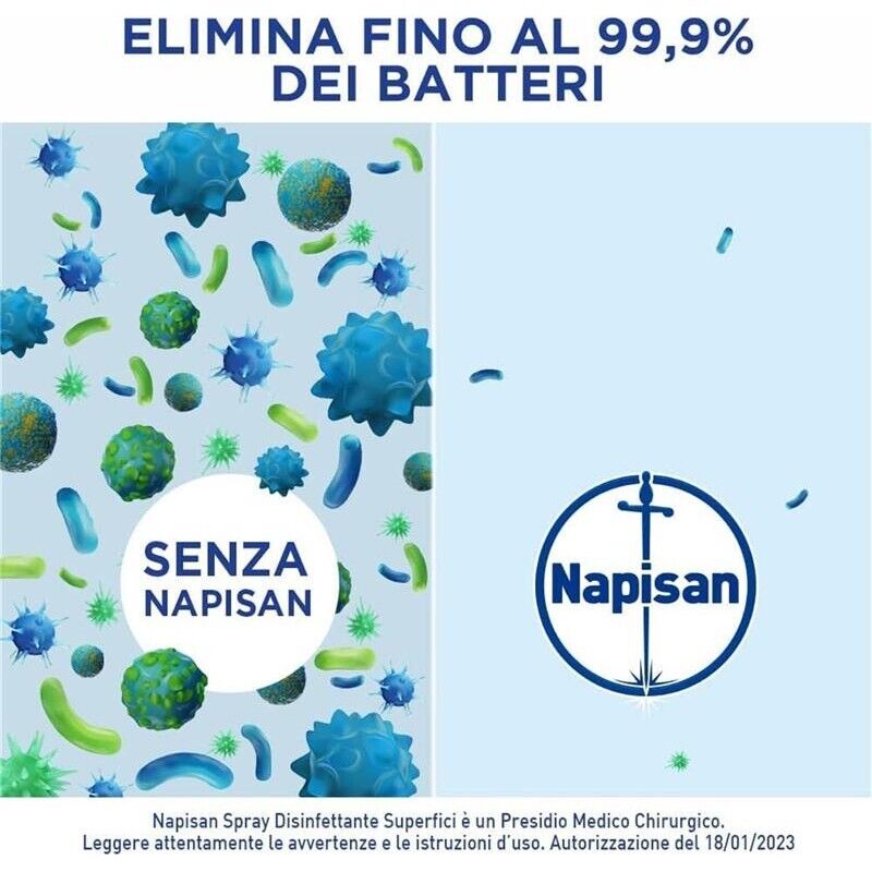NAPISAN SPRAY 3 PZ DISINFETTANTE CLASSICO SUPERFICI ELIMINA 99,9% BATTERI PER SUPERFICI A CONTATTO CON ALIMENTI 740 ML L'UNO