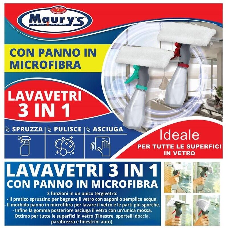MAURY'S LAVAVETRI 3IN1 SPRUZZA PULISCE ASCIUGA CON SERBATOIO E PANNO MICROFIBRA