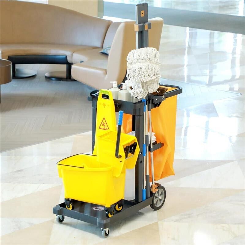 CARRELLO PULIZIE A 3 RIPIANI CON GANCI E SACCO DA 100L, 121X50.5X96.5 CM, NERO GIALLO E GRIGIO