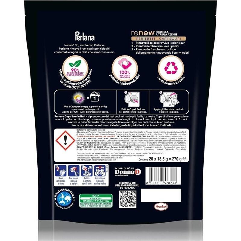 PERLANA DETERSIVO CAPS PER SCURI E NERI (20 CAPS) PER TUTTI I CAPI SCURI CAPI NERI PER PULIZIA DELICATA E FIBRE RINNOVATE