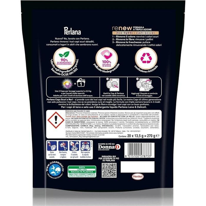 PERLANA DETERSIVO CAPS PER SCURI E NERI (20 CAPS) PER TUTTI I CAPI SCURI CAPI NERI PER PULIZIA DELICATA E FIBRE RINNOVATE