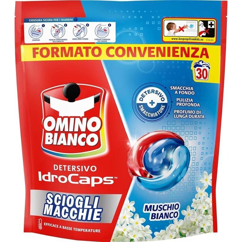 OMINO BIANCO IDROCAPS DETERSIVO LAVATRICE IN CAPSULE SCIOGLI MACCHIE 30 LAVAGGI PER BASSE TEMPERATURE MUSCHIO BIANCO