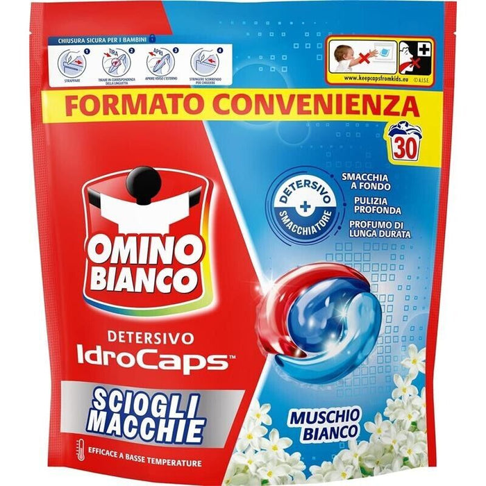OMINO BIANCO IDROCAPS DETERSIVO LAVATRICE IN CAPSULE SCIOGLI MACCHIE 30 LAVAGGI PER BASSE TEMPERATURE MUSCHIO BIANCO