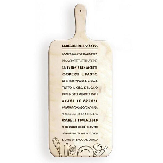 TAGLIERE DA CUCINA BIANCO IN MISURA 15X37 CM CON TEMA E SCRITTA LE REGOLE DELLA CUCINA COLOR LEGNO