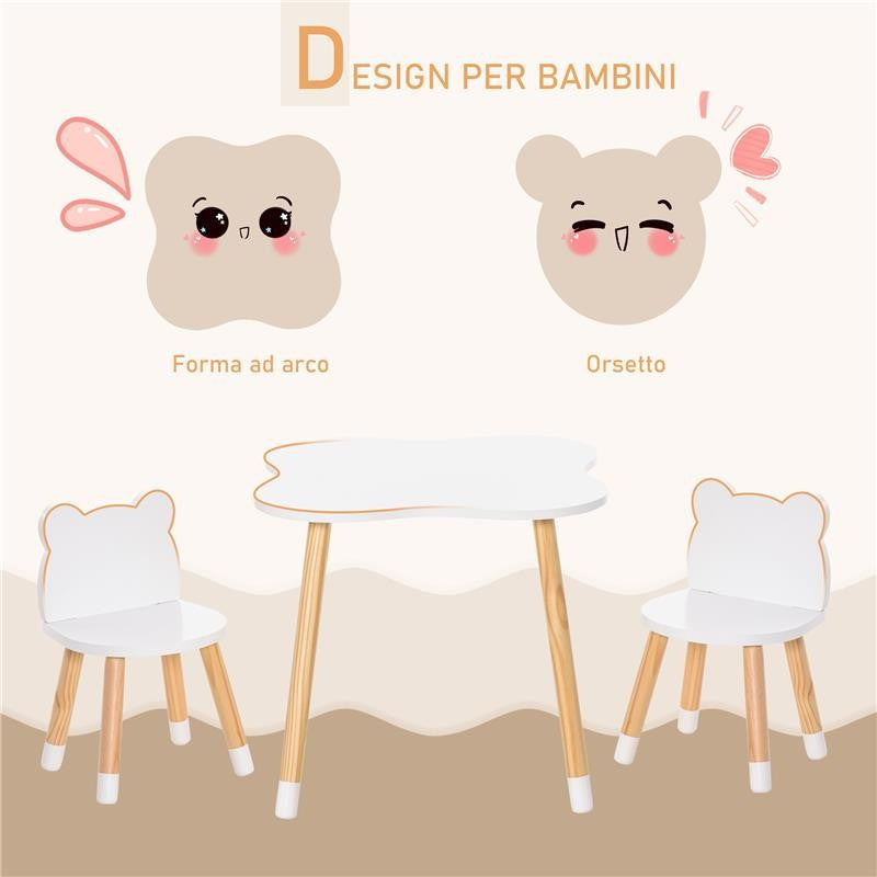 SET TAVOLINO CON 2 SEDIE PER BAMBINI A FORMA DI ORSETTO IN LEGNO, GRIGIO
