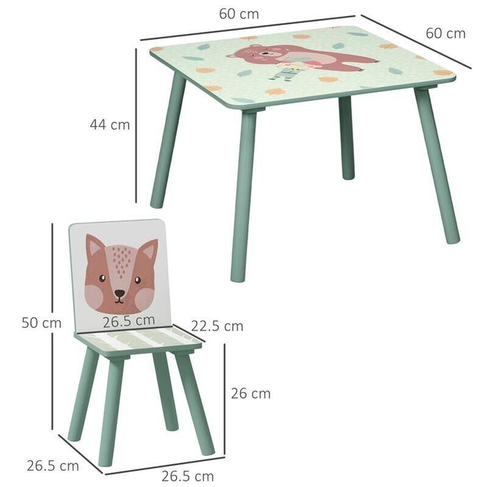 SET TAVOLO E SEDIE 3 PEZZI PER BAMBINI 3-8 ANNI IN MDF E LEGNO DI PINO, VERDE