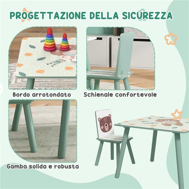 SET TAVOLO E SEDIE 3 PEZZI PER BAMBINI 3-8 ANNI IN MDF E LEGNO DI PINO, VERDE