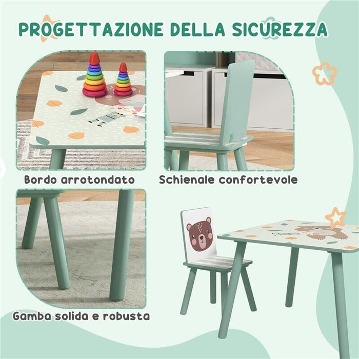 SET TAVOLO E SEDIE 3 PEZZI PER BAMBINI 3-8 ANNI IN MDF E LEGNO DI PINO, VERDE
