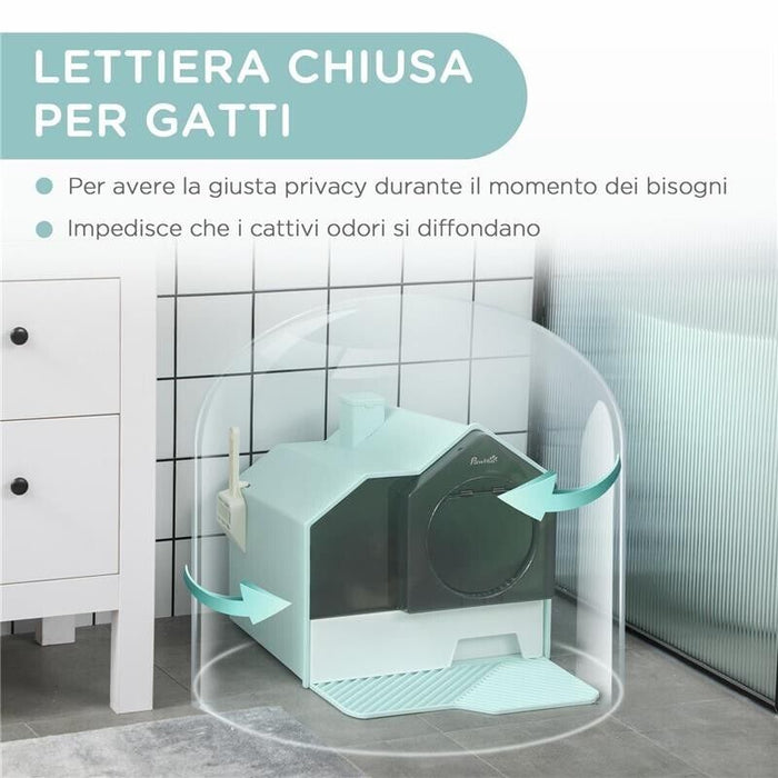 LETTIERA PER GATTI CHIUSA CON VASSOIO ESTRAIBILE, TAPPETINO E PALETTA, 47X45X42CM, AZZURRO