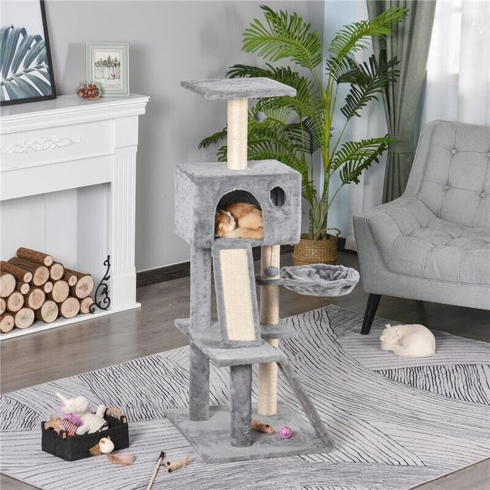 ALBERO TIRAGRAFFI ACCESSORIATO CON CUCCIA LETTINO SOSPESO E 2 PEDANE IN PELUCHE GRIGIO