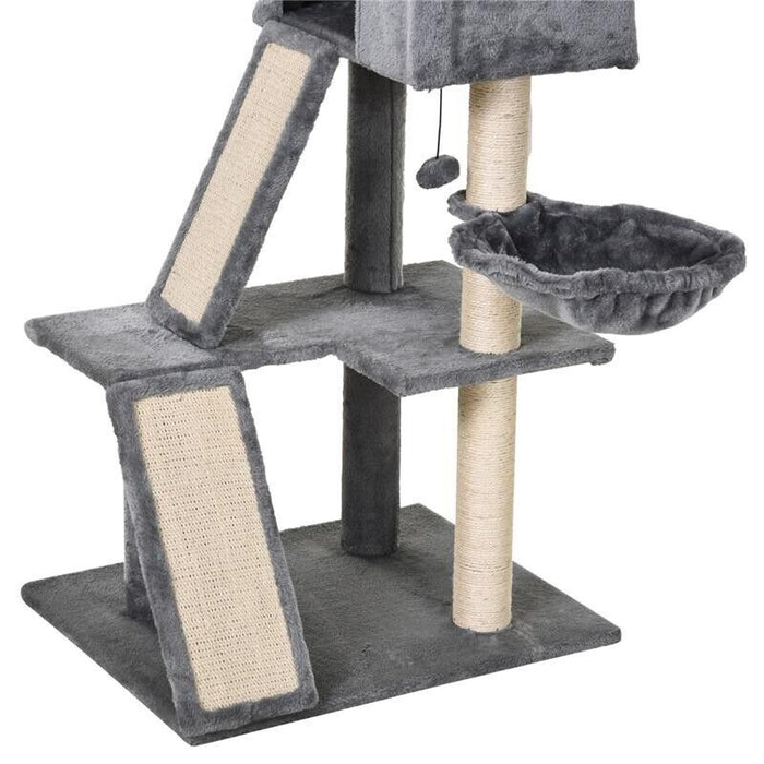 ALBERO TIRAGRAFFI ACCESSORIATO CON CUCCIA LETTINO SOSPESO E 2 PEDANE IN PELUCHE GRIGIO