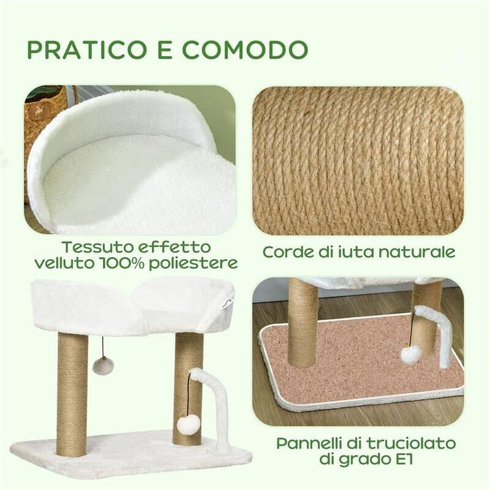 TORRE PER GATTI MAX 5KG IN TRUCIOLATO CON TIRAGRAFFI E PALLINE GIOCATTOLO, 48X38X42 CM, GIALLO E BIANCO