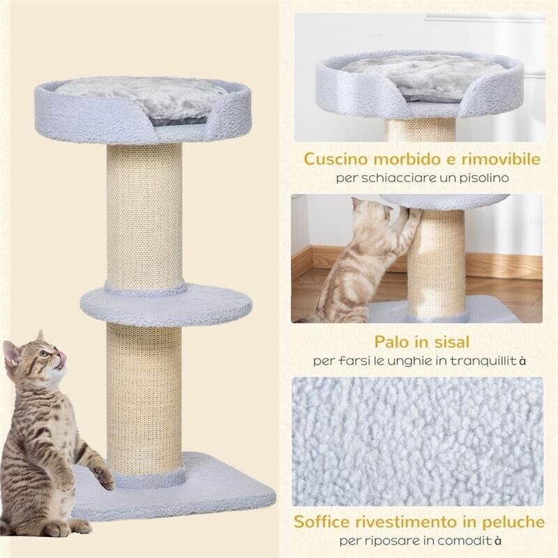 TIRAGRAFFI PER GATTI CON LETTINO, RIVESTIMENTO PELUCHE E PALO IN SISAL, 45X45X91CM, AZZURRO