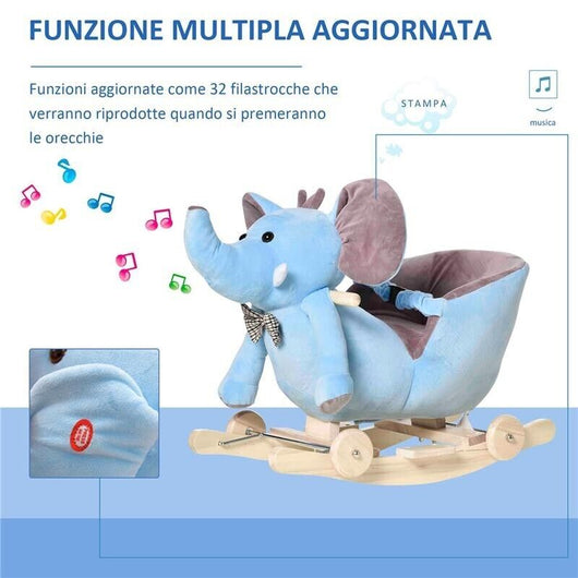 ANIMALE A DONDOLO A FORMA DI ELEFANTE CON ROTELLE E CINTURA, IN PELUCHE, LEGNO E ACCIAIO, 60X35X45 CM, BLU