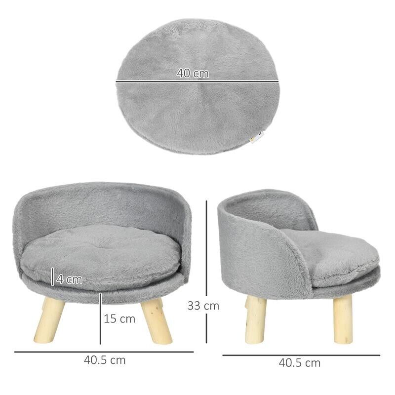 DIVANO PER CANI ROTONDO IN TESSUTO DI PELUCHE E LEGNO CON CUSCINO EXTRA, Ï40.5X33 CM, GRIGIO E COLOR LEGNO