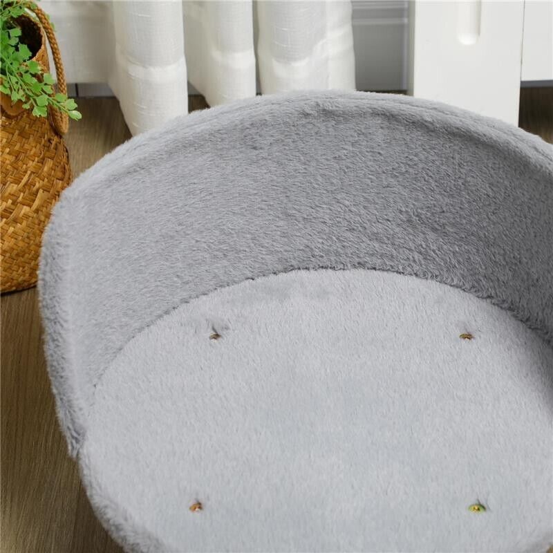 DIVANO PER CANI ROTONDO IN TESSUTO DI PELUCHE E LEGNO CON CUSCINO EXTRA, Ï40.5X33 CM, GRIGIO E COLOR LEGNO