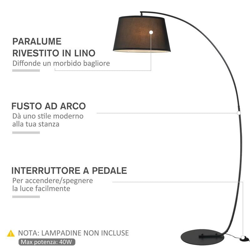 LAMPADA DA TERRA AD ARCO CON PARALUME IN TESSUTO INTERRUTTORE A PEDALE NERO