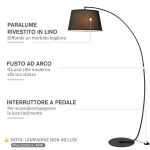 LAMPADA DA TERRA AD ARCO CON PARALUME IN TESSUTO INTERRUTTORE A PEDALE NERO