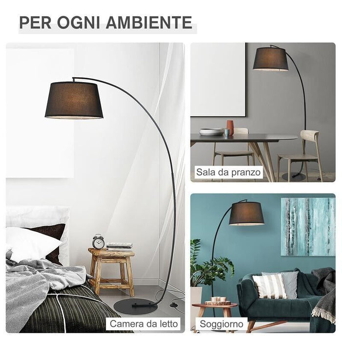 LAMPADA DA TERRA AD ARCO CON PARALUME IN TESSUTO INTERRUTTORE A PEDALE NERO